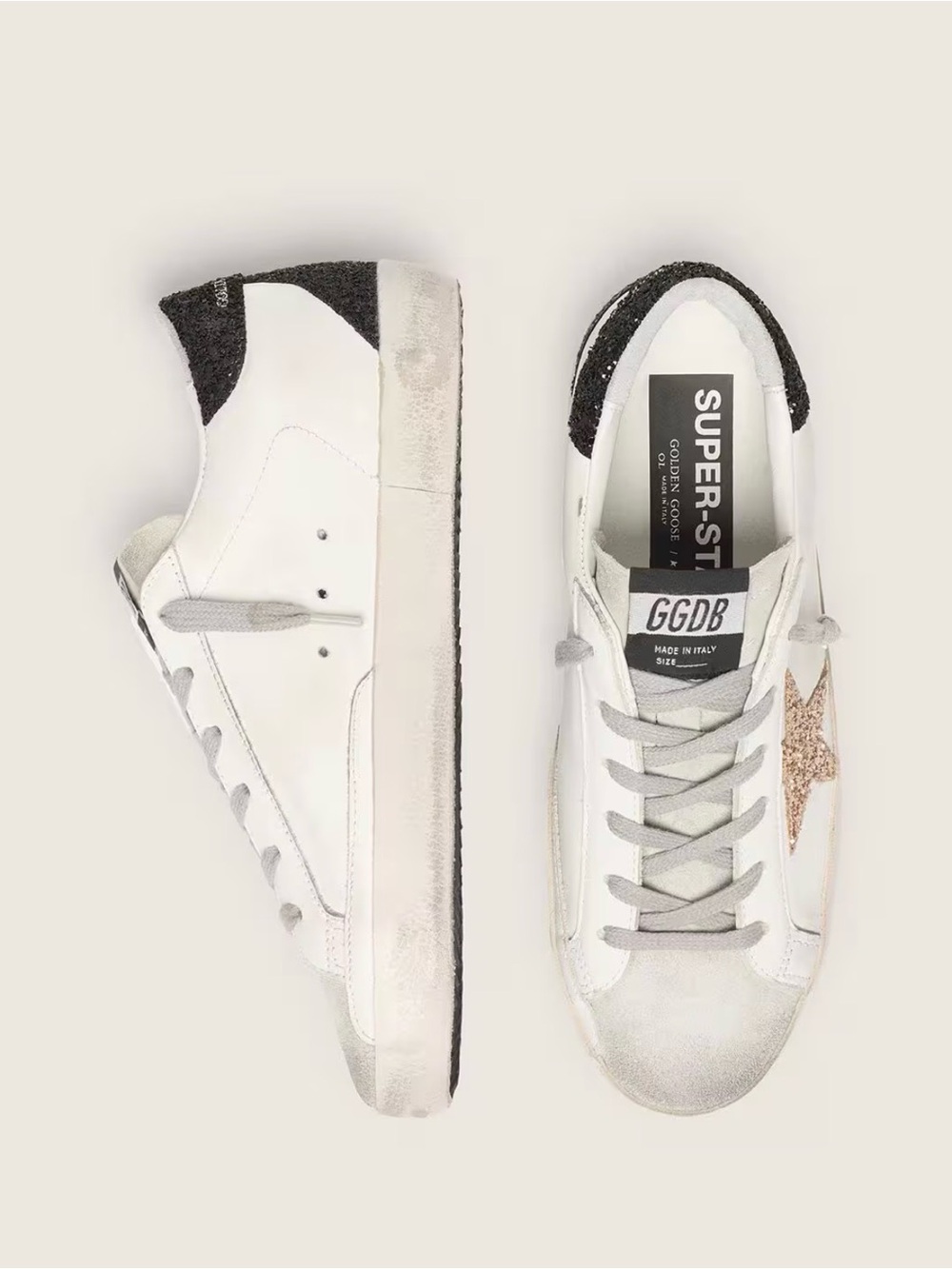 Golden Goose White Leather Sneakers with Gold Glitter Star & Black Heel - Picture 4 of 6